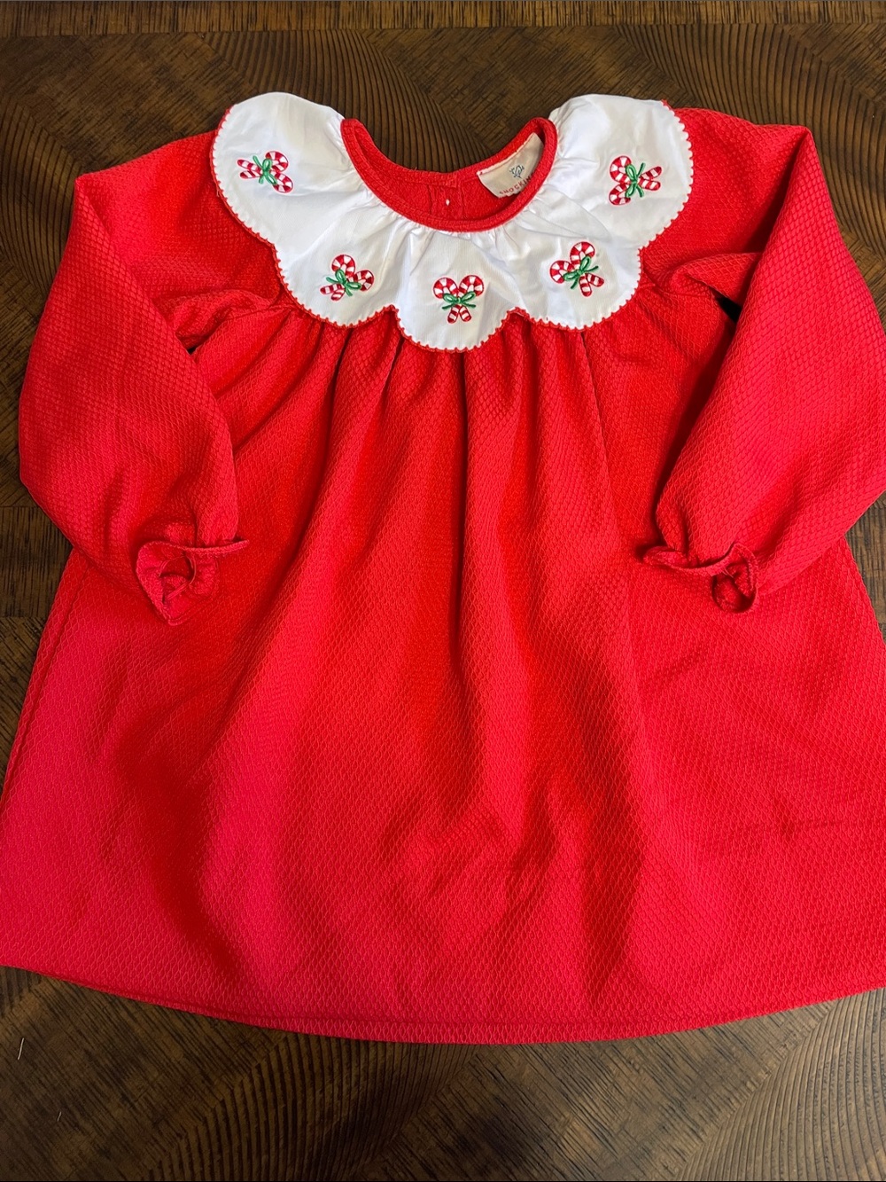 Girls' Red Holiday Bishop Dress with Embroidered Collar